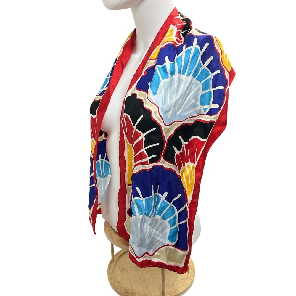 Anne Klein Silk Scarf Nautical Seashell‎ Print Red Blue Coastal Grandma 80s